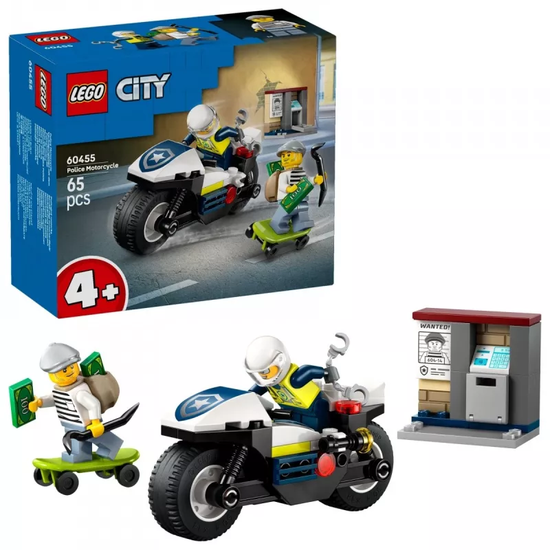 LEGO City policijos motociklo gaudynių rinkinys 60455 — 65 dalys, 2 minifigūrėlės, amžius 4+