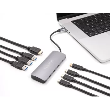 USB-C šakotuvas DELOCK 64323 — USB 3.2 Gen 2 Type-C priegloba, HDMI + 2× USB-A + 2× USB-C, 10 Gbit/s, pilkas