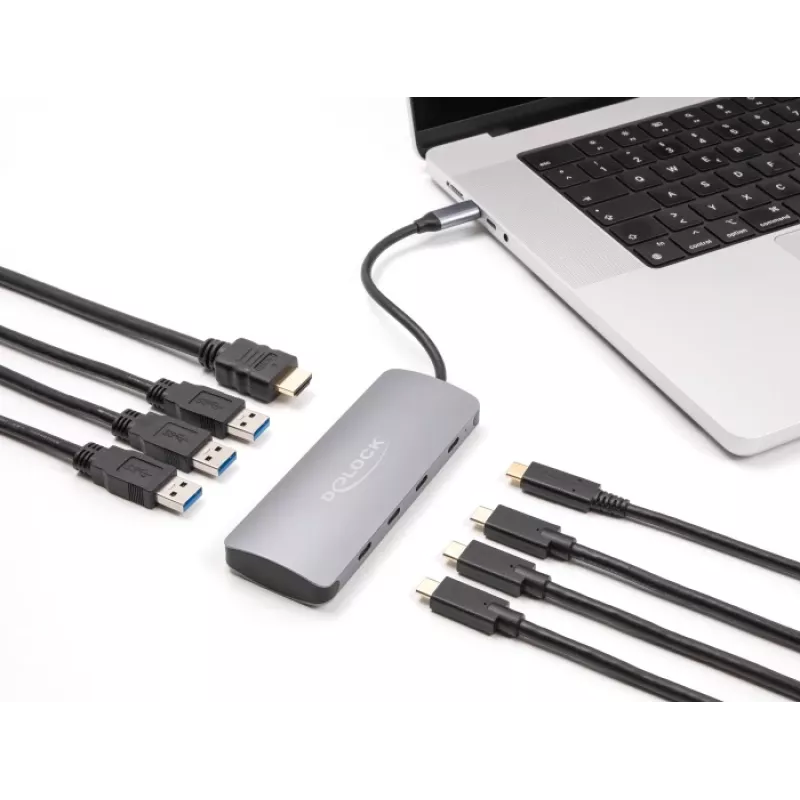 USB-C šakotuvas DELOCK 64323 — USB 3.2 Gen 2 Type-C priegloba, HDMI + 2× USB-A + 2× USB-C, 10 Gbit/s, pilkas