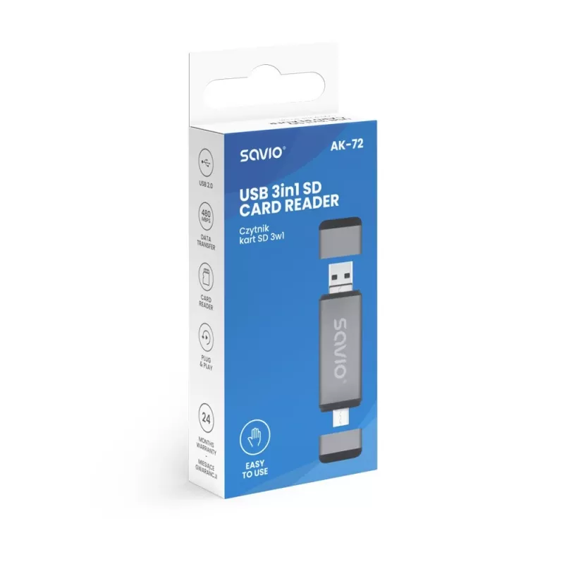 SD kortelių skaitytuvas 3v1, USB-C + USB-A 2.0 + Micro USB