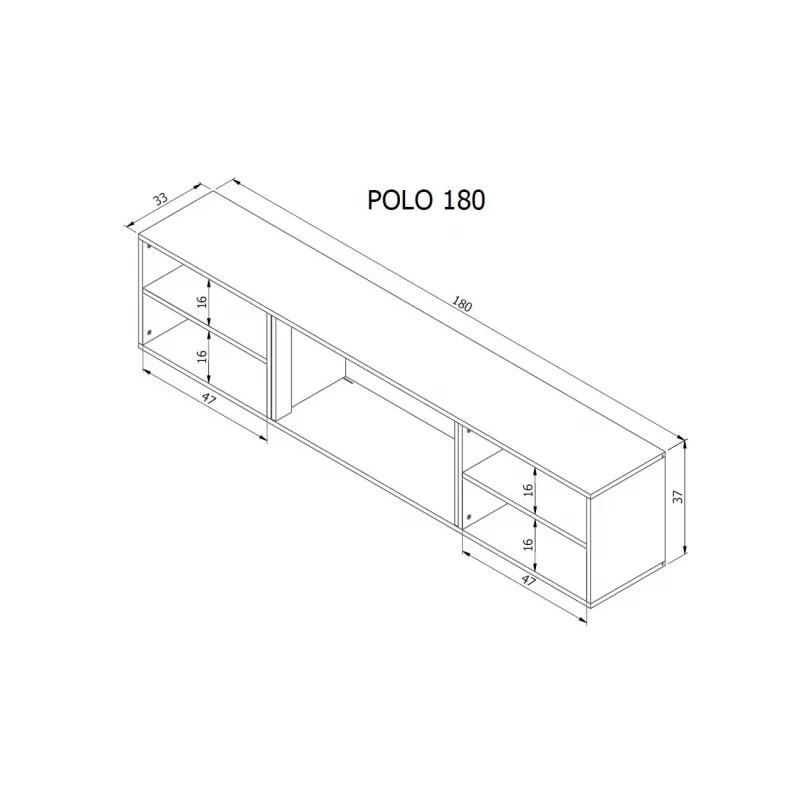 TV spintelė Cama Meble POLO 180x33x39 cm su elektriniu židiniu 1400–1600 W, juoda, 2 lentynos, laminatas