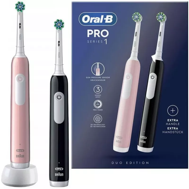 Elektrinis dantų šepetėlis Oral-B Pro 1 Duo — Juoda/Rožinė, 2 valymo režimai