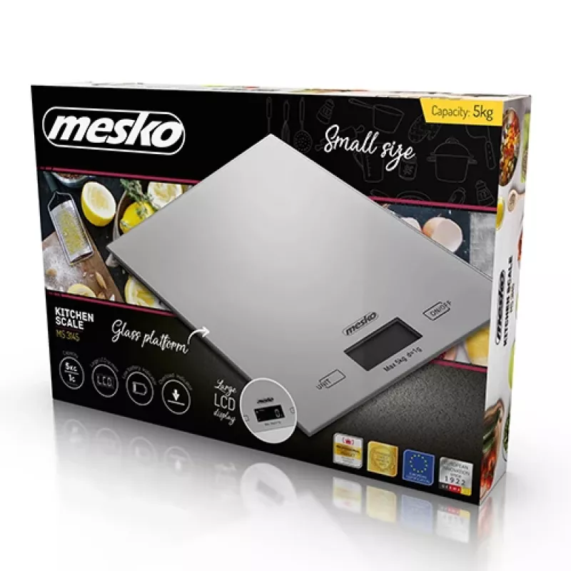 Mesko | Virtuvinės svarstyklės | MS 3145 | Maksimalus svoris (talpa) 5 kg | Padalos vertė 1 g | Ekrano tipas LCD | Sidabrinė