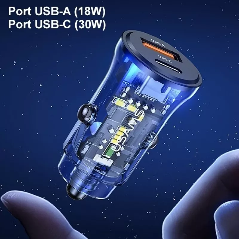 Automobilinis pakrovėjas usams CC164CC01 30W su 1×USB-A ir 1×USB-C greitam įkrovimui