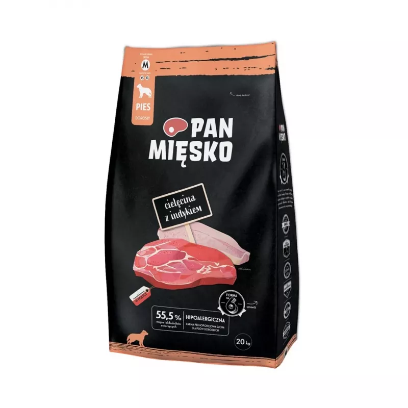 Sausas šunų maistas Pan Miesko M 20 kg — Veršiena su kalakutiena, suaugusiems šunims, 30% baltymų, 20% riebalų