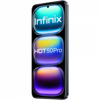 Išmanusis telefonas INFINIX HOT 50 PRO — 6.78 col. (17.2 cm) FHD+, MediaTek Helio G100 Ultra, 8 GB RAM, 256 GB, 50 MP, Android 14, 5000 mAh, Dual SIM, IP54, Juoda
