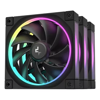 120 mm PC ventiliatorius DeepCool FL12 3-in-1 Juoda, 120×25 mm, 2150 RPM, Fluid Dynamic Bearing, PWM, 55 CFM, 32 dB, 3 vnt. pakuotė