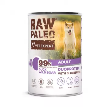 Šlapias šunų maistas VETEXPERT RAW PALEO Duoprotein Duck & Boar suaugusiems šunims 400 g, be grūdų, visoms veislėms