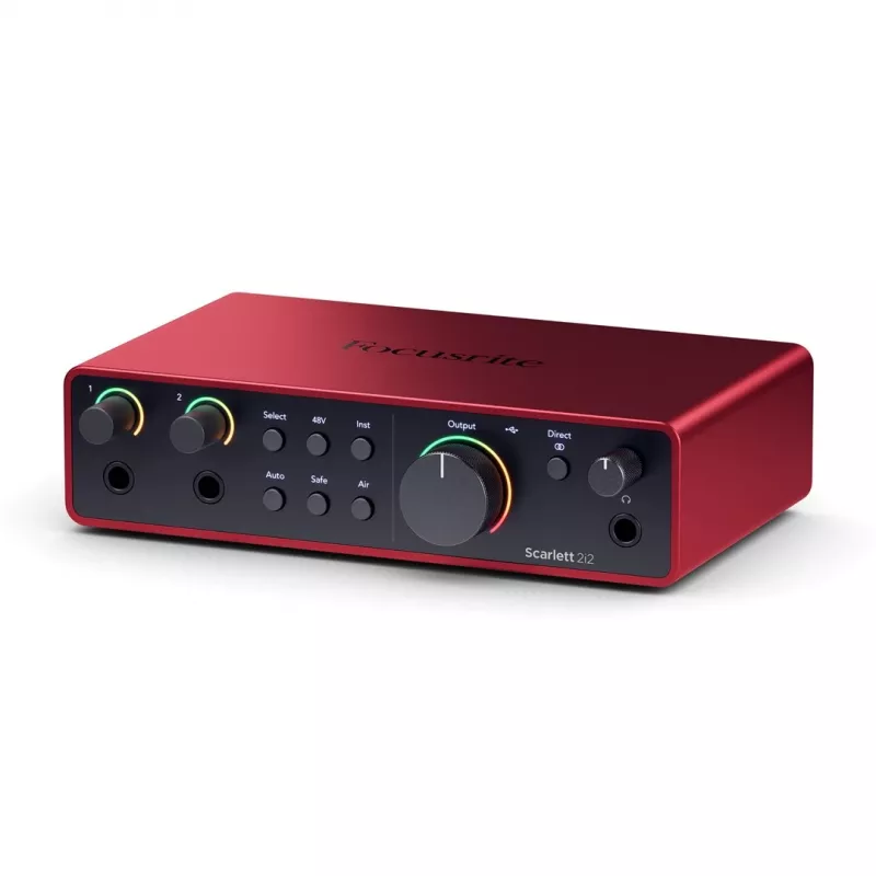 Garso sąsaja Focusrite Scarlett 2i2 4-os kartos — 2 į/2 iš USB-C, 24 bitų/192 kHz, 69 dB priešakiniai stiprintuvai, stalinė, juoda/raudona