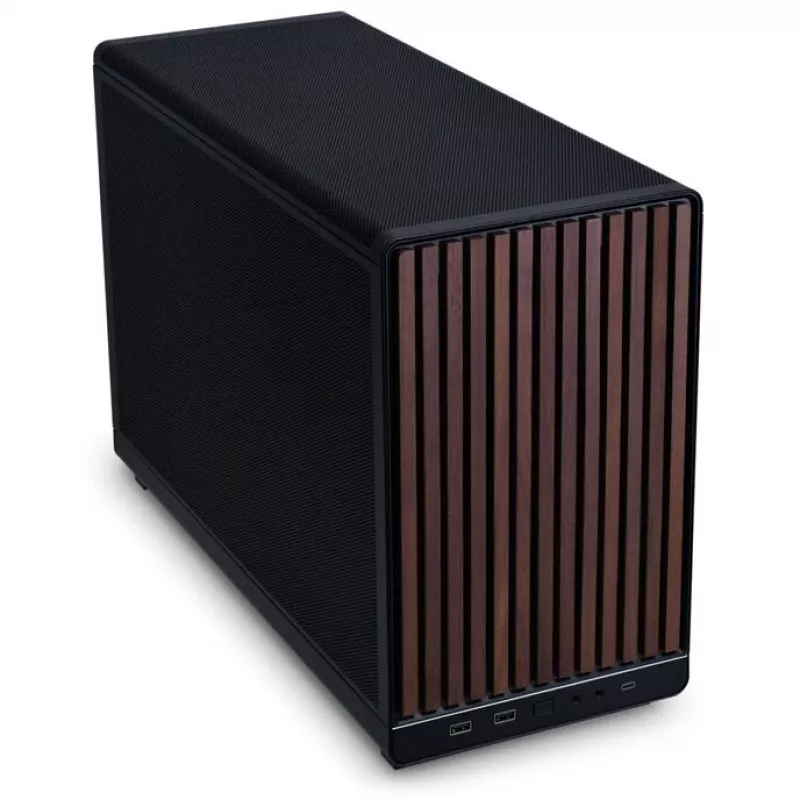 Mini-ITX/mATX PC korpusas Lian Li A3-mATX Wood Edition — riešutmedžio priekinis skydelis, juodas korpusas