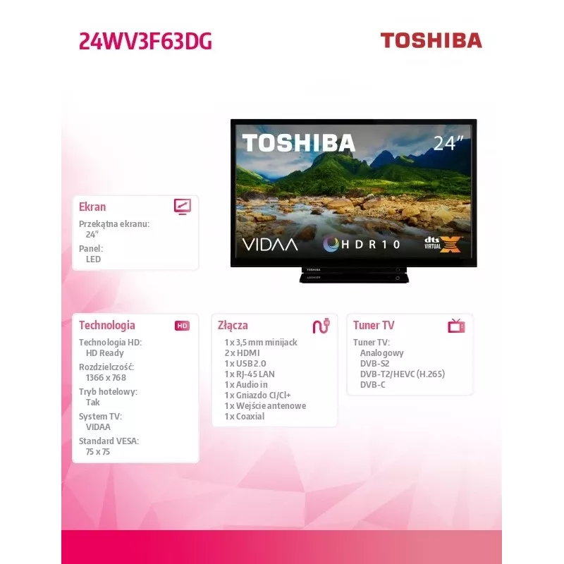 Televizorius Toshiba 24WV3F63DG 24 colių LED ekranas HD raiška