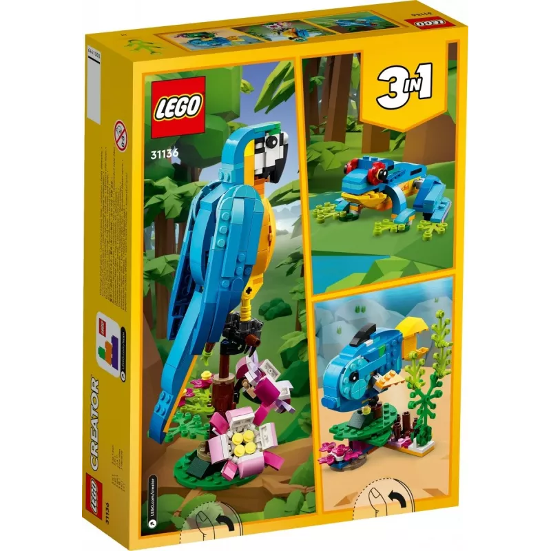 LEGO konstravimo rinkinys Egzotiška papūga 31136 — Creator parodomasis modelis, 253 dalys, 220×120×110 mm