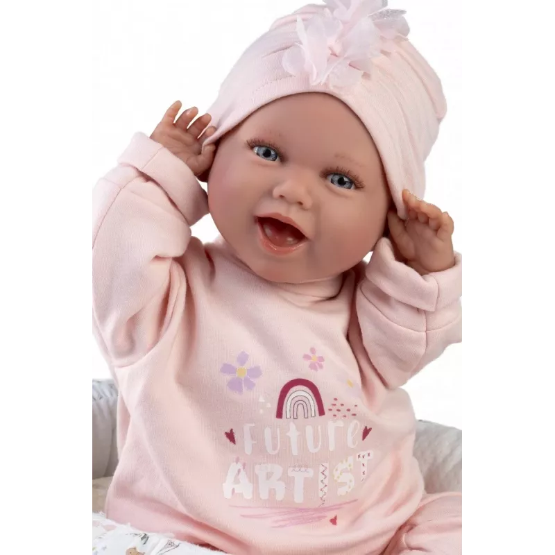 Baby doll Llorens Mimi Baby 42 cm — tikroviškas veidas, juokiasi, minkštas kūnas