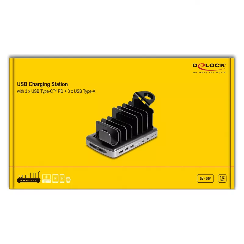 DeLOCK USB krovimo stotelė 3 x USB Type-C PD 3 x USB Type-A 112 W