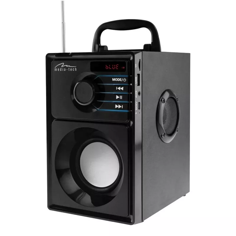 Belaidis garsiakalbis MEDIA-TECH MT3179, 20 W (RMS 15 W), Bluetooth 5.1, FM, MicroSD, USB, AUX, ličio jonų, 6 val., medinis korpusas