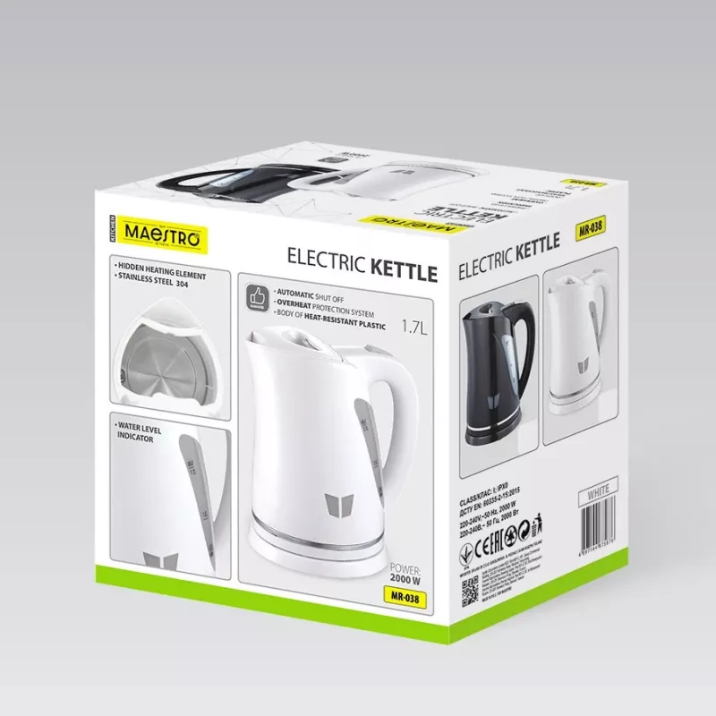 Elektrinis virdulys Maestro MR-038-WHITE, 1,7 L, 2000 W, belaidis, automatinis išsijungimas
