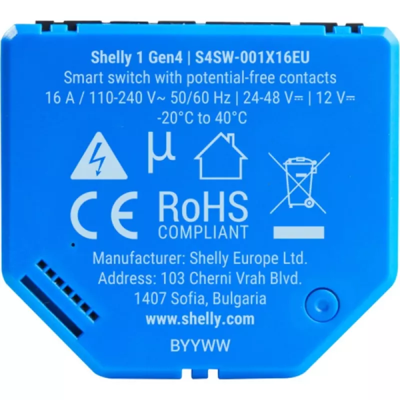 Išmanusis jungiklis „Shelly 1 Gen4“, belaidis, 240 V kintamoji įtampa, „Bluetooth 5.0“ / „Wi‑Fi“ / „ZigBee“, plastikinis korpusas, 42×16×37 mm, pakuotėje 2 vnt.