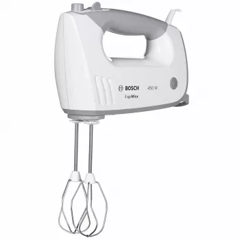 Rankinis plaktuvas Bosch MFQ36480 – 450 W, 5 greičių su turbo, pilka/baltas, plakikliai ir tešlos kabliai