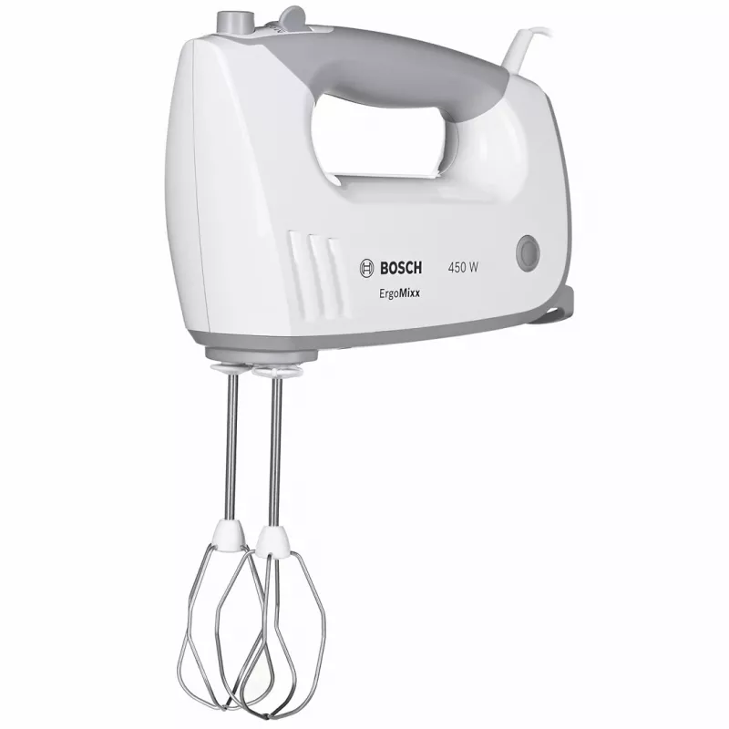 Rankinis plaktuvas Bosch MFQ36480 – 450 W, 5 greičių su turbo, pilka/baltas, plakikliai ir tešlos kabliai