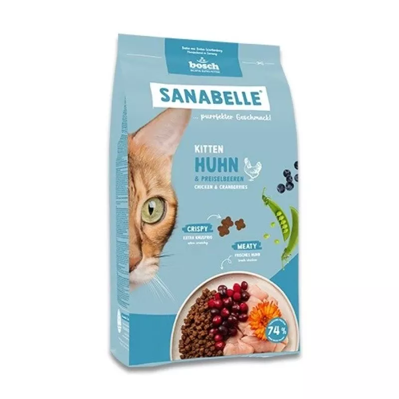 Sausas kačių maistas Bosch Sanabelle Life Kitten — vištiena su spanguolėmis, 8 kg, pilnavertis pašaras jaunoms katėms, 34% baltymų, 21% riebalų