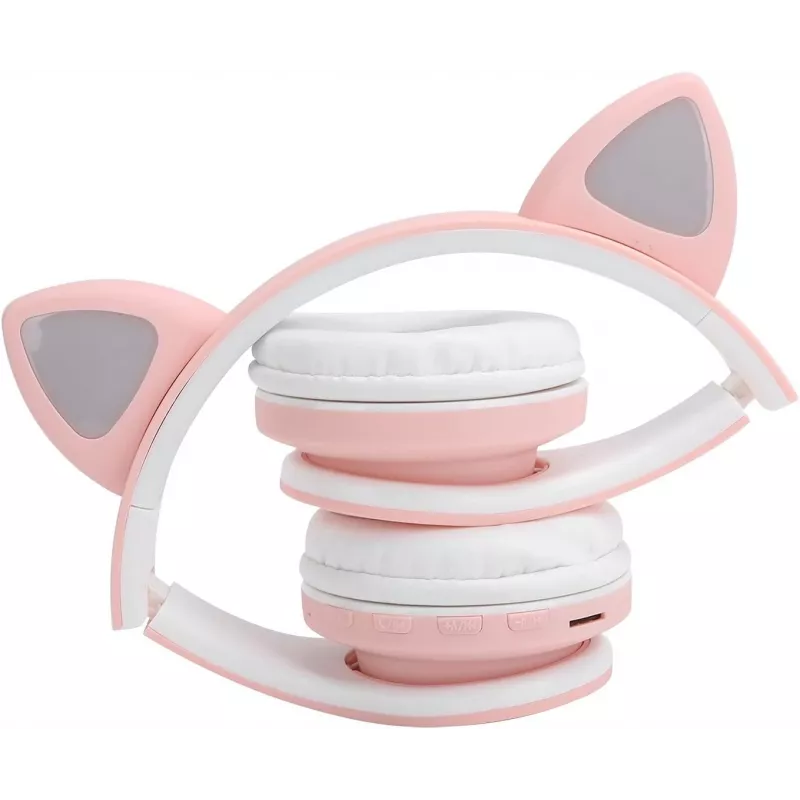 Laidinės ausinės Extralink Kids Headphones Pro rožinės su katės ausų dizainu — vaikiškas ant ausies dedamas ausines