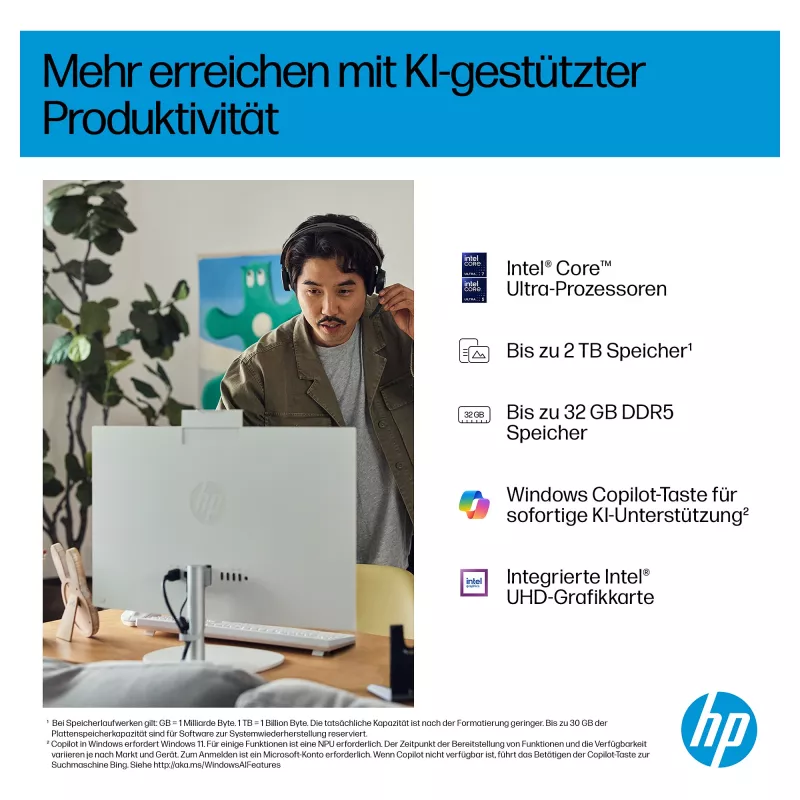 HP AI 27-cr2275ng - All-in-One (Complete Solution) - Core Ultra 7 255U - RAM 16 GB - SSD 512 GB - NVMe - Intel Graphics - 1GbE, Bluetooth 5.3, Wi-Fi 6 - WLAN: 802.11a/b/g/n/ac/ax