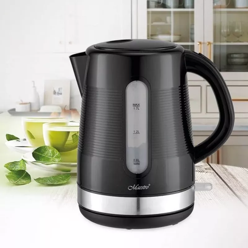 Elektrinis virdulys Maestro 1,7 L 2200 W juodas — plastikinis korpusas, mygtuku atidaromas dangtis, ergonomiška rankena