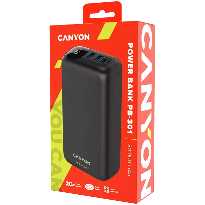 Canyon Powerbank PB-301 30000 mAh PD/QC/Display juoda mažmeninė