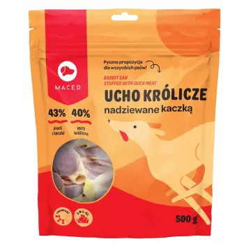 Šunų dantų kramtalas MACED Antis su triušio ausimi 500 g — ilgai išliekantis natūralus kramtalas, baltymų 50%, tinka visoms veislėms