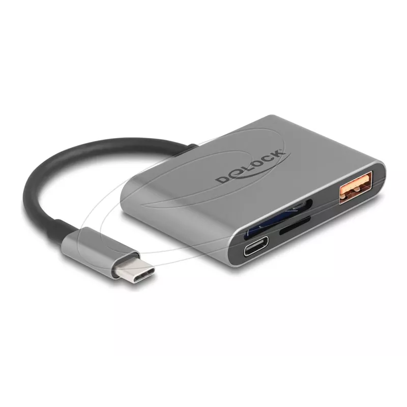 Delock 91016 USB-C kortelių skaitytuvas SD ir microSD kortelėms su USB-A prievadu ir USB-C PD