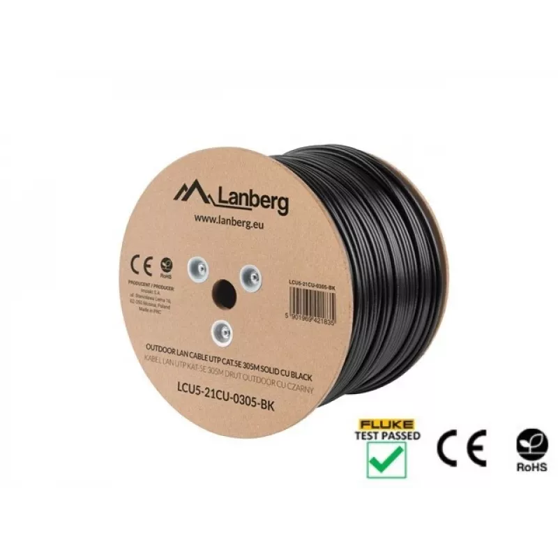 Tinklo kabelis LANBERG Cat5e U/UTP LCU5-21CU-0305-BK, 305 m, 24 AWG, PVC apvalkalas, juodas