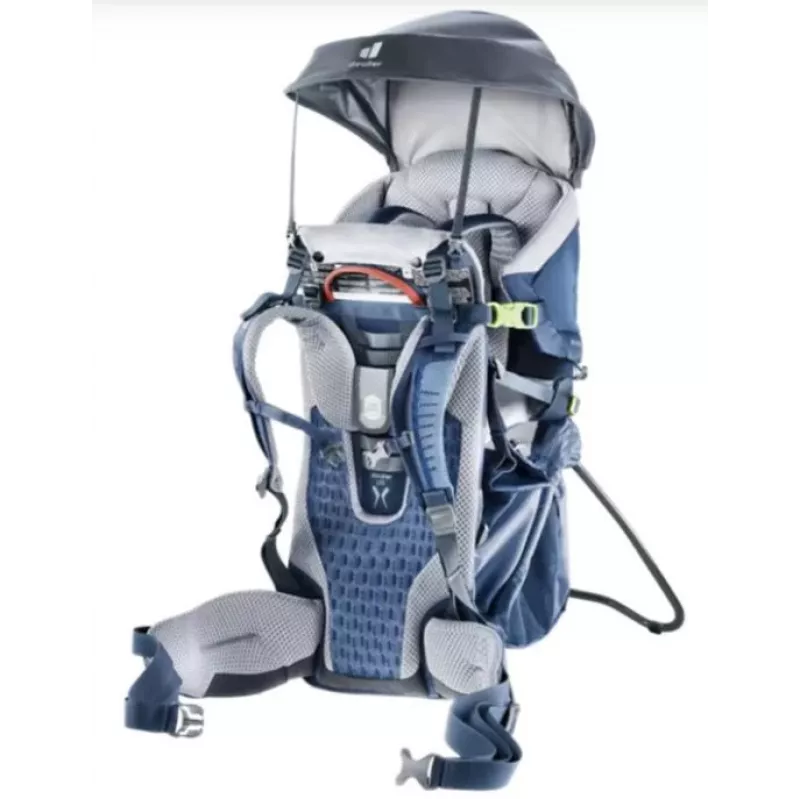 Vaikiška nešynė kuprinė DEUTER Kid Comfort Active — mėlyna, poliamidas, iki 22 kg, skėtis nuo saulės, kojų atrama, VariQuick, Lite Air