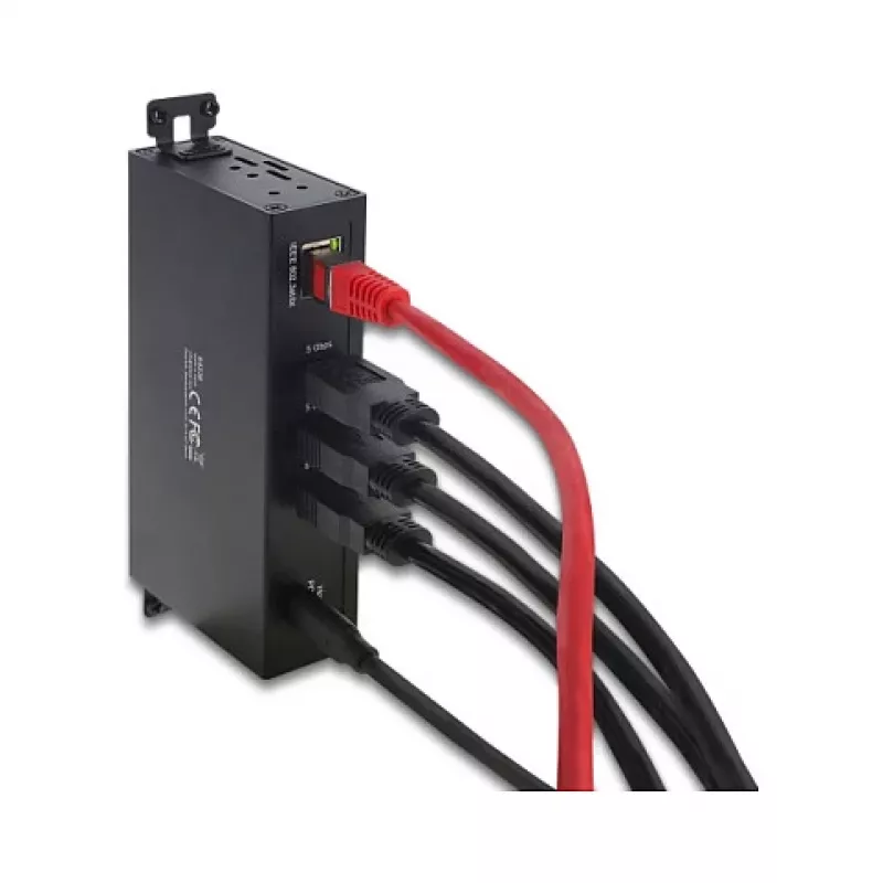 DELOCK USB šakotuvas 3 prievadų 5 Gbps su RJ45 Gigabit PoE++ ir USB Type-C prijungimu, metalinis korpusas, 1,5 kV izoliacija, juodas