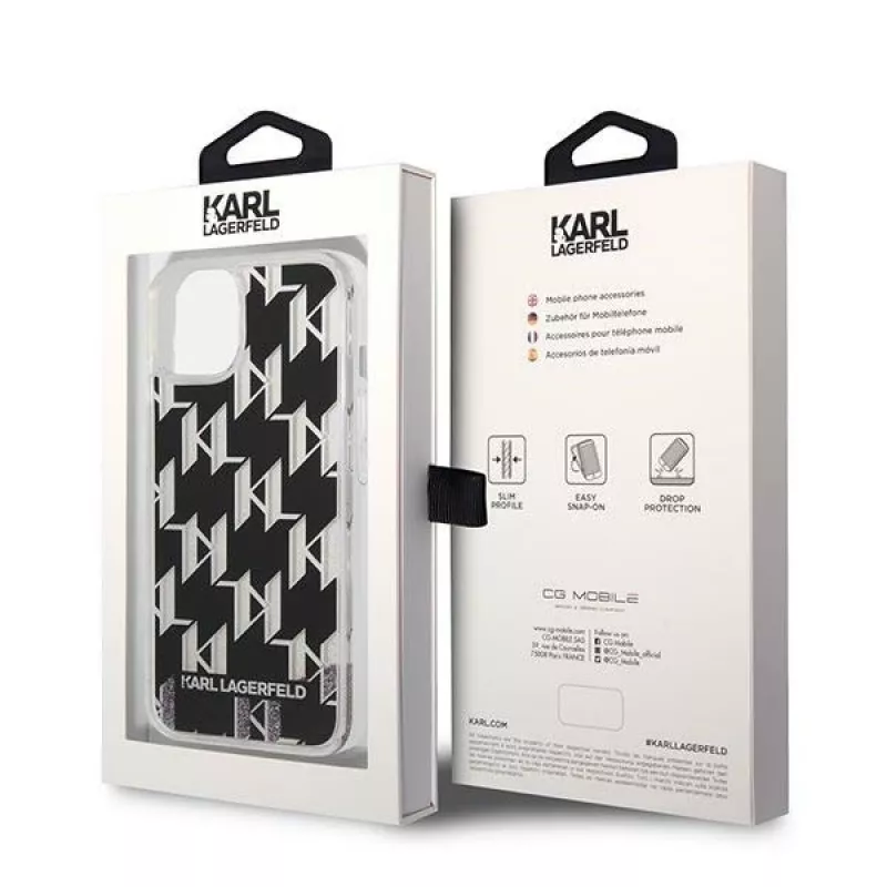 Karl Lagerfeld KLHCP14MLMNMK iPhone 14 Plus 6.7 kietas dėklas juodas / juodas Liquid Glitter Monogram
