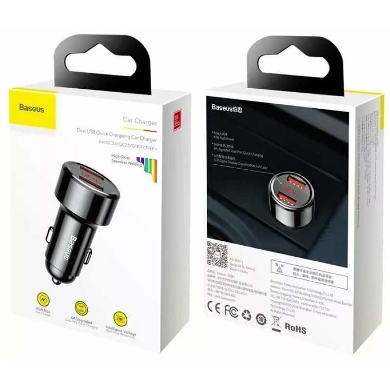 Automobilinis USB greitasis įkroviklis Baseus CCMLC20A-01 – išmaniesiems telefonams, įvestis 12–24 V, išvestis iki 20 V, juoda