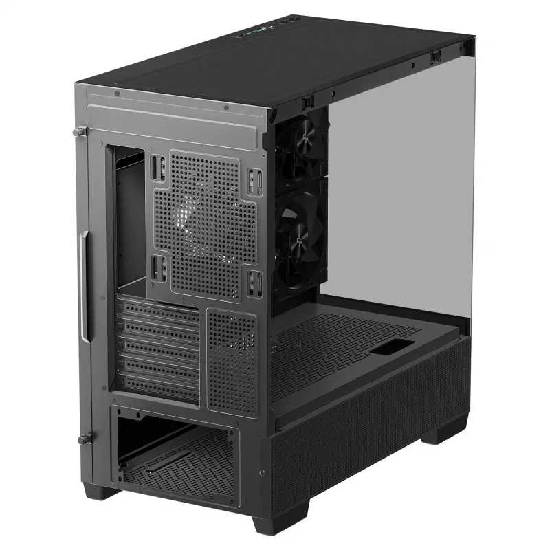 PC Midi Tower DeepCool CG380 3F — juoda, 235×437×451 mm, palaiko 2×120 mm šoninius + 1×120 mm galinį ventiliatorius, apatinis maitinimo blokas, 2,5 colio/3,5 colio HDD