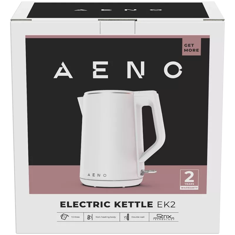 AENO elektrinis virdulys EK2: 1850-2200W, 1,5 l, Strix, dvigubos sienelės, neįkaistantis korpusas, automatinis išsijungimas, apsauga nuo perdegimo