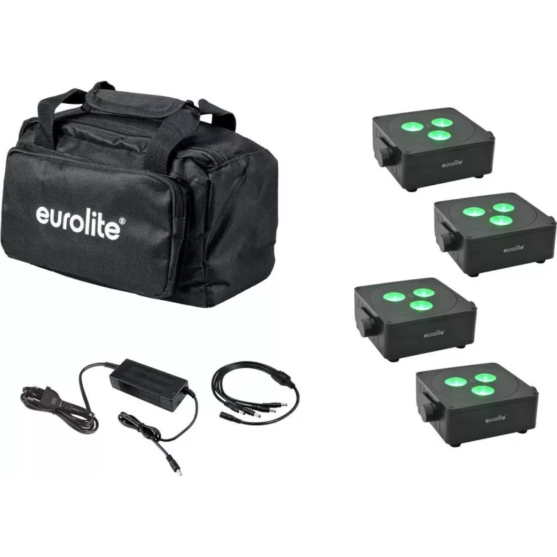 Plokščių LED šviestuvų rinkinys EUROLITE 4x AKKU IP 3 — 4 baterijomis maitinami plokšti šviestuvai, įkraunami