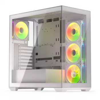 PC korpusas KRUX Exo RGB White — ATX bokštas, plieninis, 2×3,5 colio + 2×2,5 colio nišos, USB-C, RGB