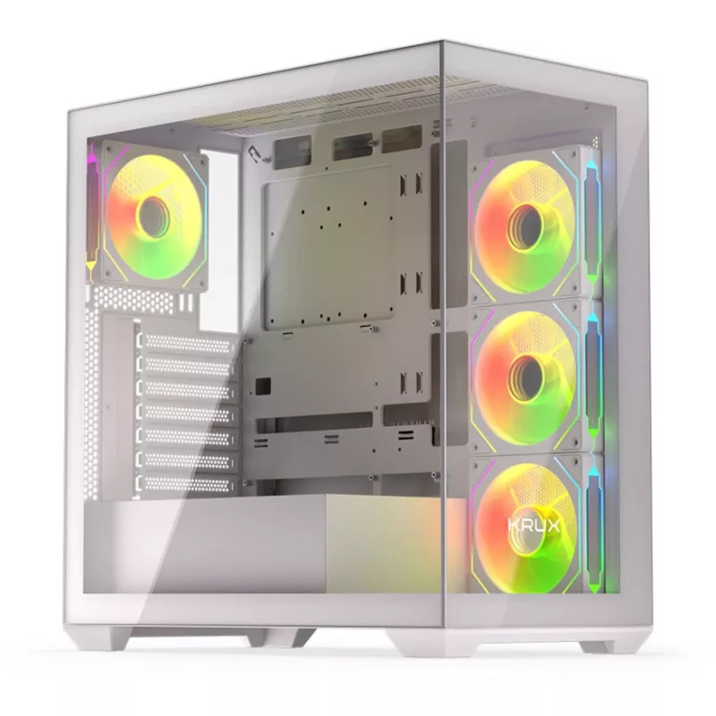 PC korpusas KRUX Exo RGB White — ATX bokštas, plieninis, 2×3,5 colio + 2×2,5 colio nišos, USB-C, RGB
