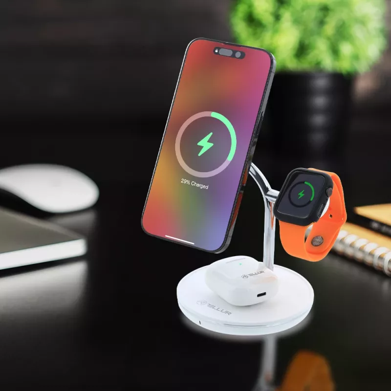 Belaidis stalinis įkroviklis Tellur TLL151391 3-in-1 MagSafe greitas įkrovimas telefonui, laikrodžiui ir ausinukams