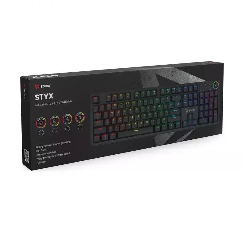 Mechaninė žaidimų klaviatūra SAVIO STYX Outemu Blue Hot-Swap RGB USB QWERTY US International juoda 104 klavišų pilno dydžio