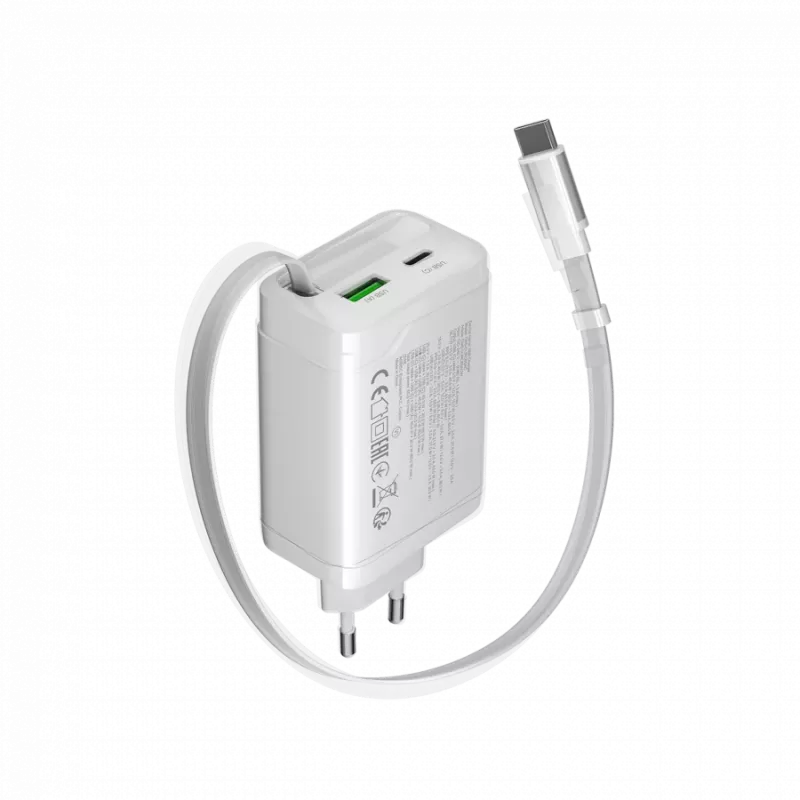 CANYON pakrovėjas OnCharge 65RC su įmontuotu USB-C kabeliu 65W, 1x PD, 1x QC, EU kištukas, Baltas