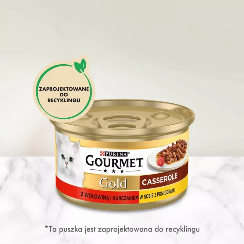Šlapias kačių maistas Gourmet (Purina) Gold 85 g — suaugusioms katėms, jautiena ir vištiena