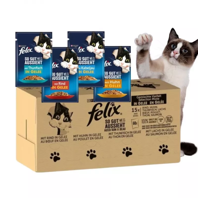 Šlapias kačių maistas Purina Felix daug baltymų 100 g pakelis — žuvies ir vištienos skonio, suaugusioms katėms, pakuotėje 120 vnt.