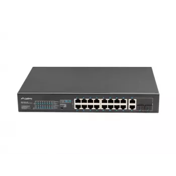 Nevaldomas jungiklis LANBERG RSFE-16P-2C-150 — 18 prievadų Gigabit, 16 PoE+/2 SFP, 150 W bendra galia, 1U stovas, metalinis, juodas