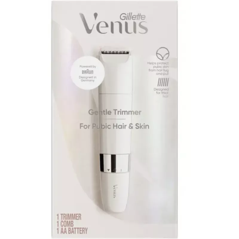 Intymių vietų kirpimo mašinėlė BRAUN Gillette Venus Gentle Intimate Trimmer, balta — baterijomis maitinama asmeninė skustuvėlis jautrioms vietoms