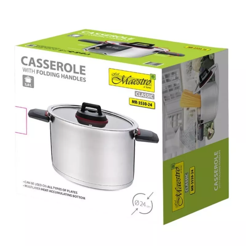 Maestro MR-3530-24 nerūdijančio plieno puodas 24 cm, 5,5 l, sulankstomos rankenos, stiklinis dangtis