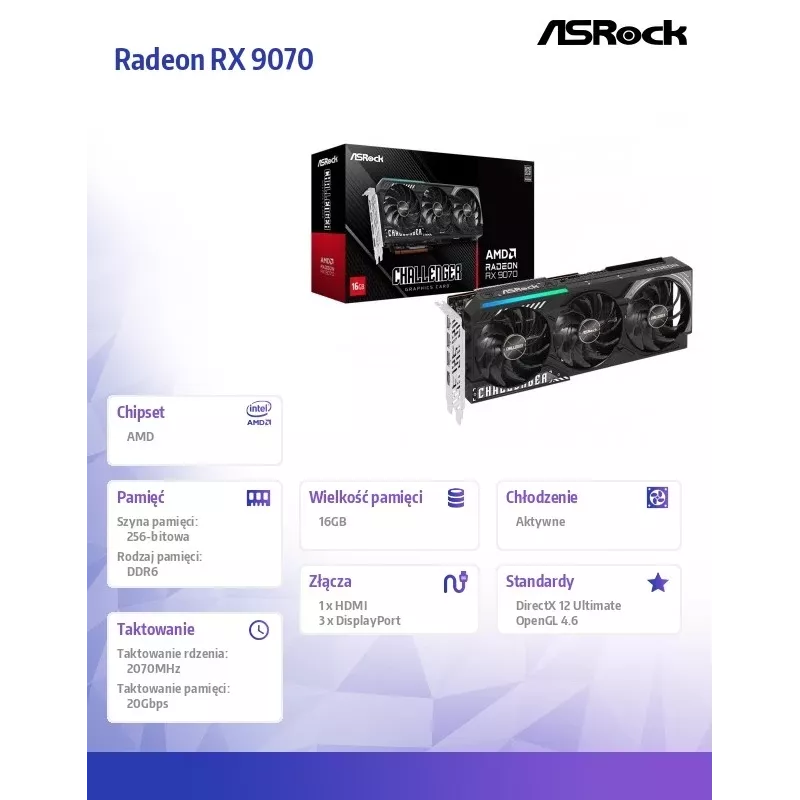 Vaizdo plokštė ASRock Challenger Radeon RX 9070 — 16 GB GDDR6, 256 bitų, PCIe 5.0, 3x DisplayPort 2.1a + HDMI 2.1b