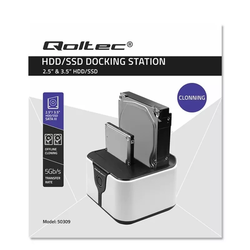 Qoltec 50309 HDD SSD 2.5 3.5 dokų stotis | SATA III | USB 3.0 | Super sparta 5 Gb/s | su klonavimo funkcija